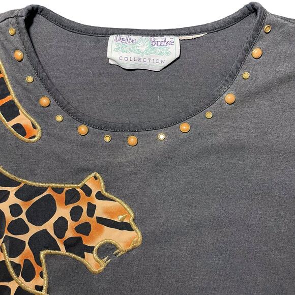 Vintage Delia Burke T-Shirt Leopard Cheetah Embroidered Applique Gray - Size 1X - Picture 5 of 11
